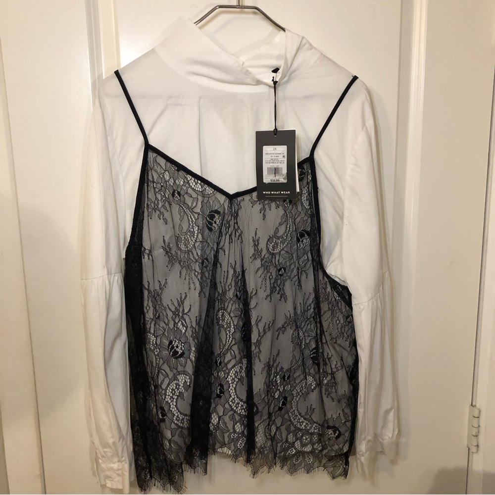 Target who what wear white blouse with lace tank top